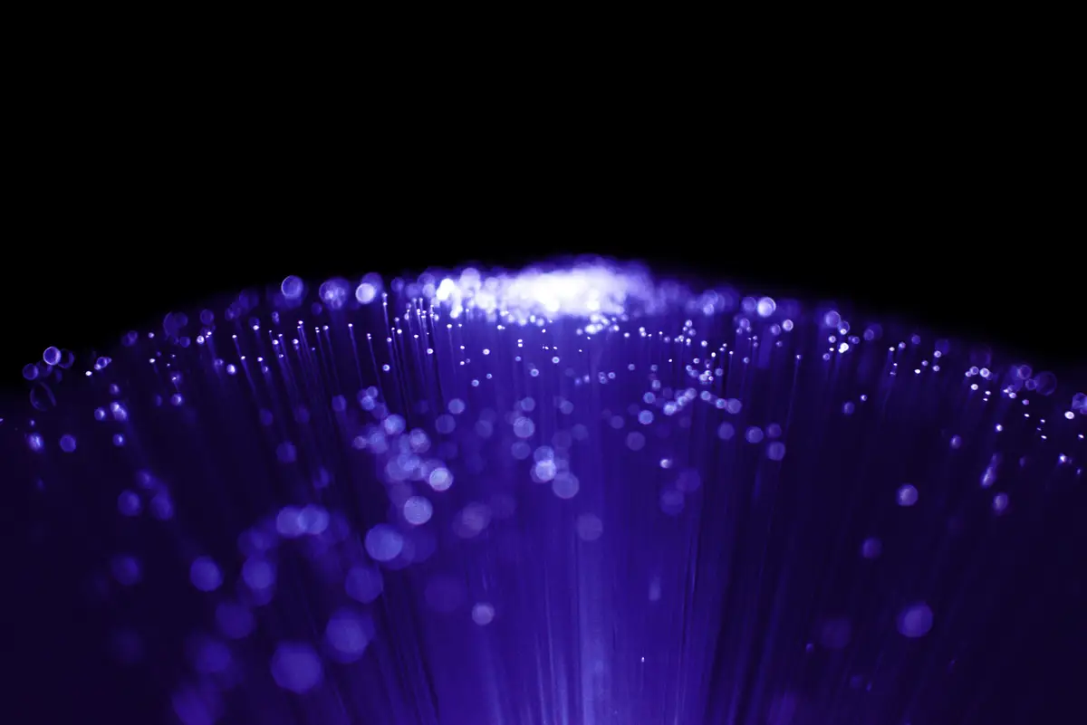 Haz de fibras ópticas con puntos de luz violeta sobre un fondo negro.